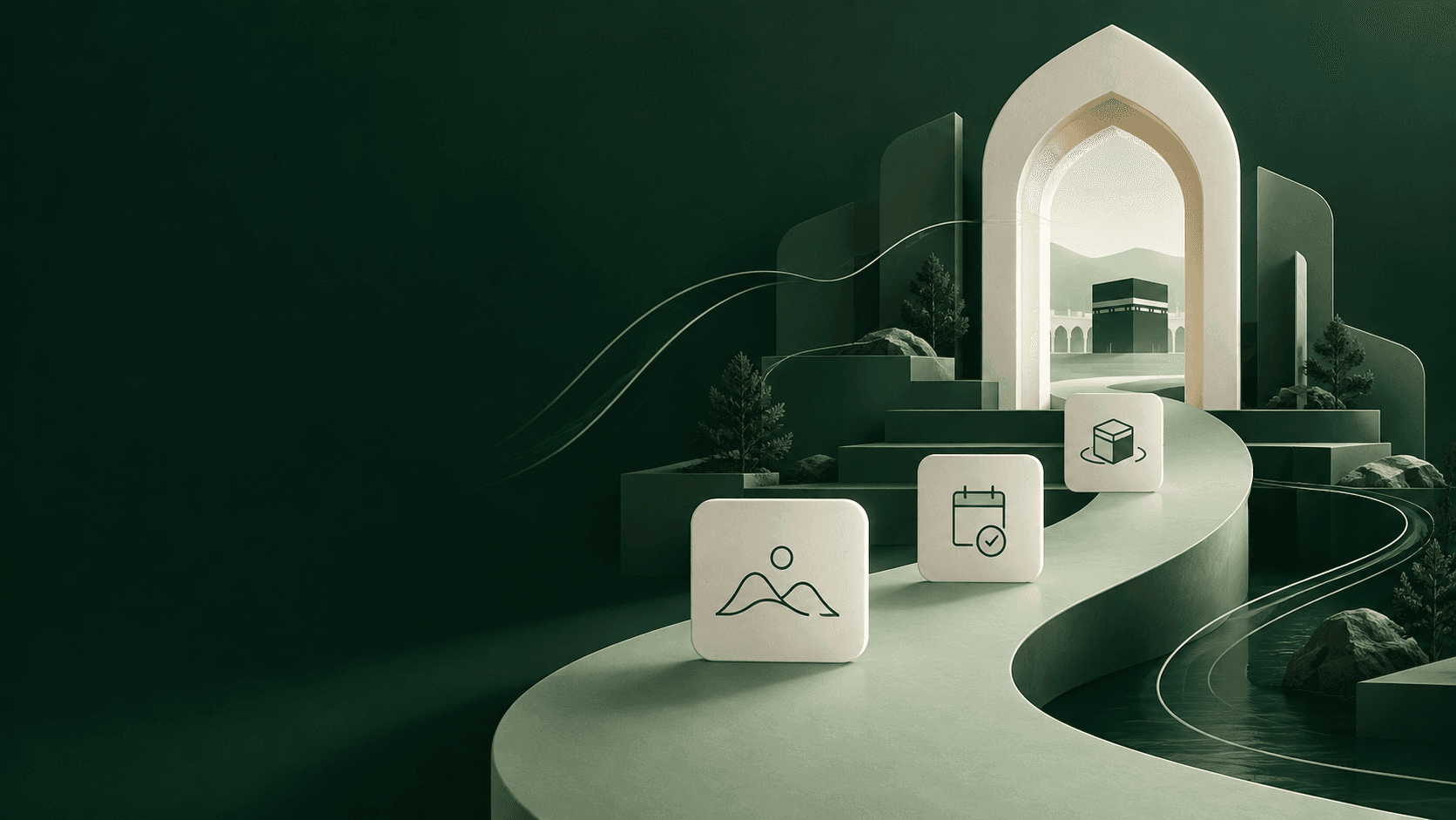 An ivory gateway and a winding sage path illustrating a connected Umrah journey.