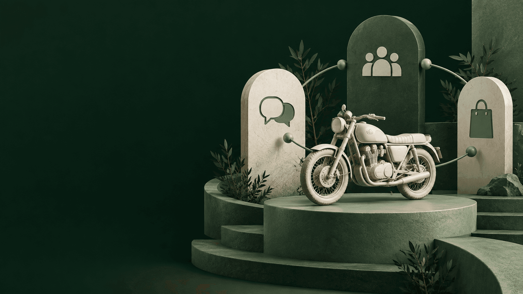 An ivory motorcycle surrounded by connected community, conversation and shopping symbols on sage platforms.