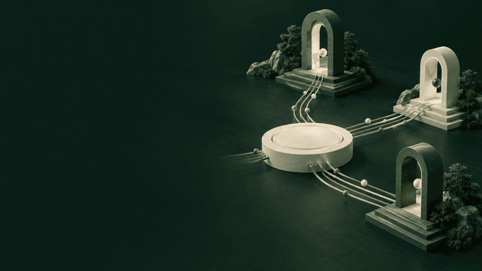 An ivory exchange hub connects three sage gateways through flowing lines, illustrating liquidity integration.